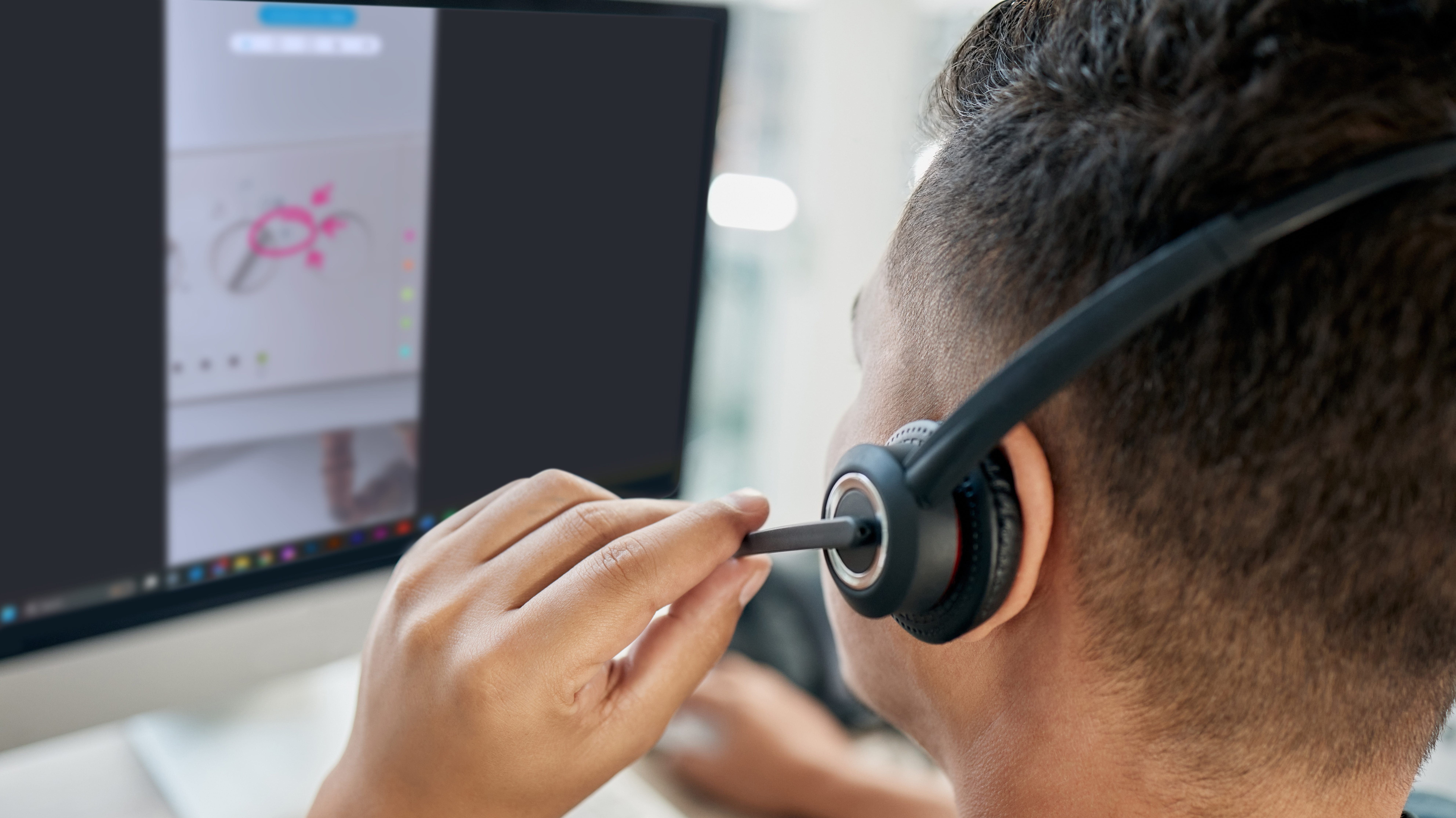 Microphone, Computer Us Or Call Center Consultant Networking, Talking Or Speaking Of A Financial Loan Policy. Contact Us, Telemarketing Job Or Crm Salesman In Conversation With Client On Help Screen